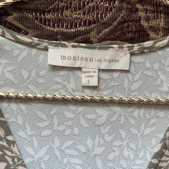 Monteau Los Angeles Midi Above Knee Olive & Cream Leaf Print Ruched Dress - Picture 9 of 12